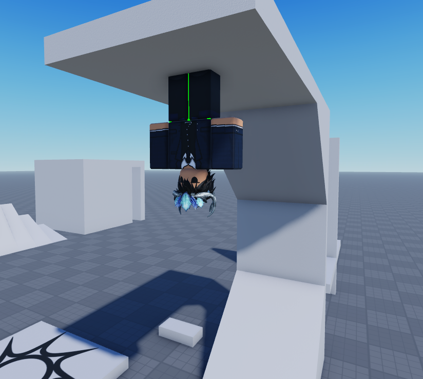A character standing upside down on the underside of a white arch, with debug lines showing the character's up vector
