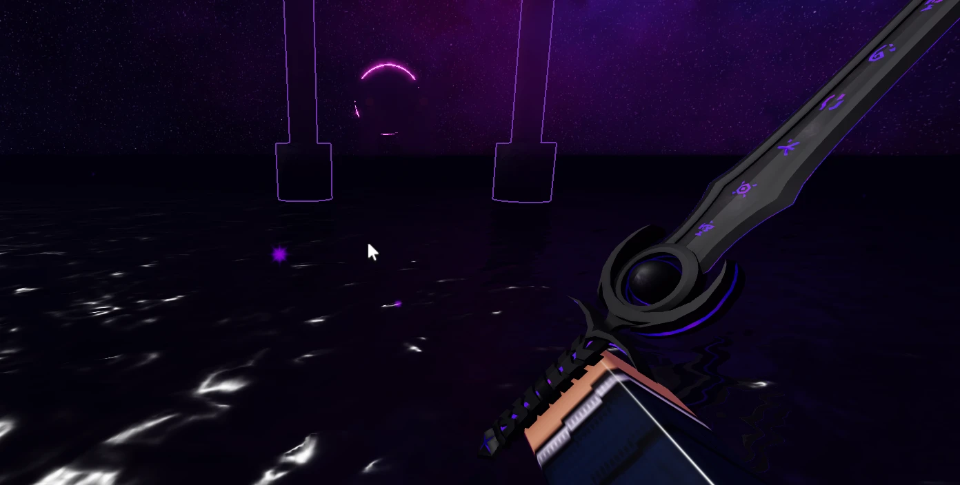 First-person view of a black sword with glowing purple runes in a starry void arena