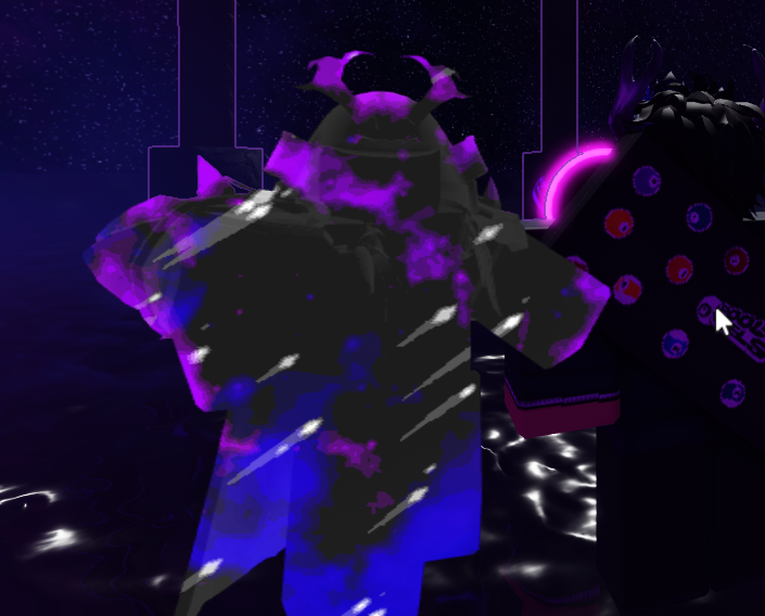 An armored character covered in an animated purple and blue galaxy texture